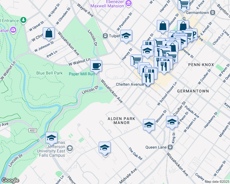 map of restaurants, bars, coffee shops, grocery stores, and more near 5835 Wissahickon Avenue in Philadelphia
