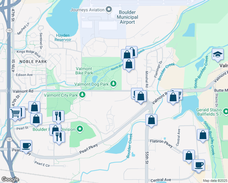 map of restaurants, bars, coffee shops, grocery stores, and more near 5378 Valmont Road in Boulder