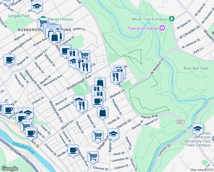 map of restaurants, bars, coffee shops, grocery stores, and more near 552 Jamestown Street in Philadelphia