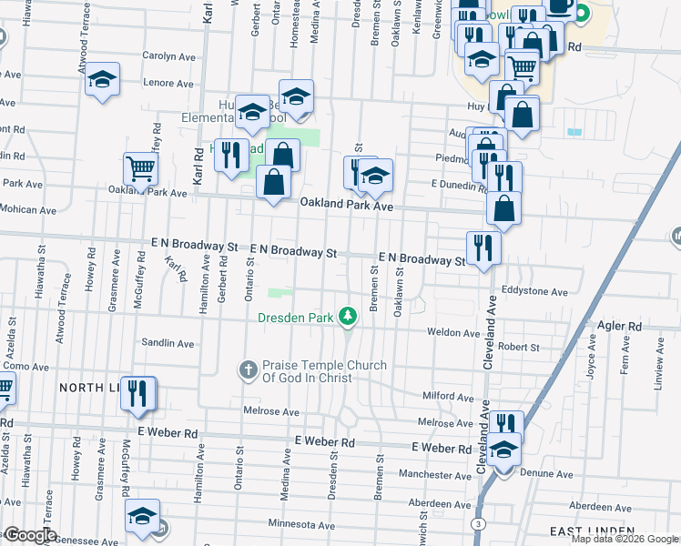map of restaurants, bars, coffee shops, grocery stores, and more near 3044 Dresden Street in Columbus
