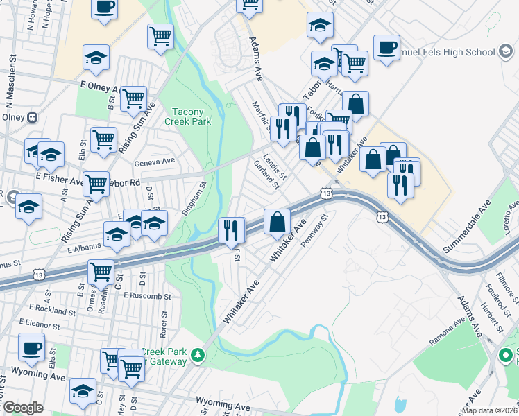 map of restaurants, bars, coffee shops, grocery stores, and more near 4070 Roosevelt Boulevard in Philadelphia