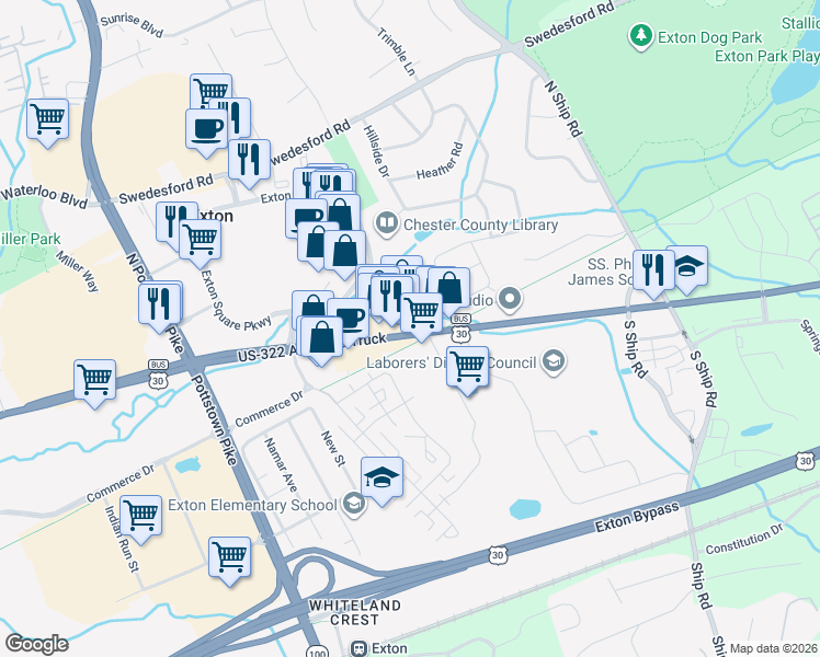 map of restaurants, bars, coffee shops, grocery stores, and more near 403 Lincoln Highway in Exton