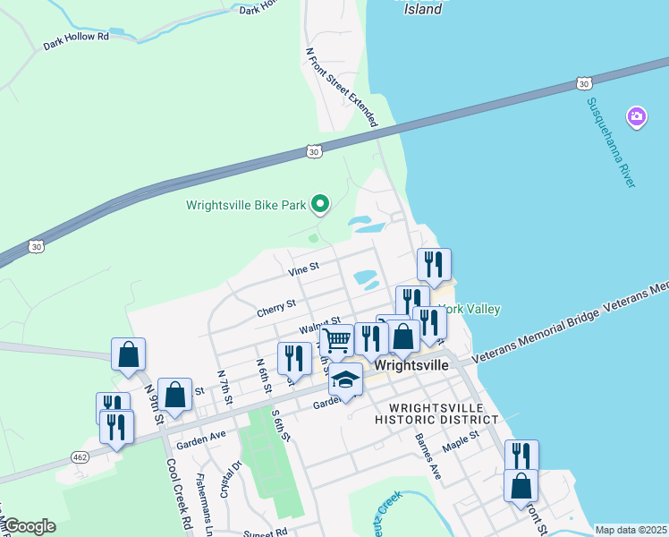 map of restaurants, bars, coffee shops, grocery stores, and more near 453 North 3rd Street in Wrightsville