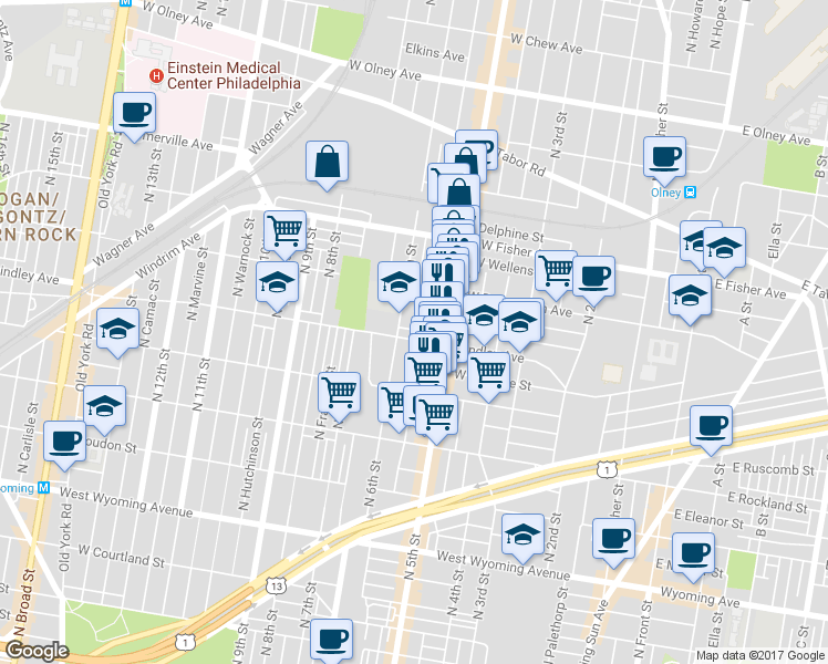 map of restaurants, bars, coffee shops, grocery stores, and more near 541 Lindley Avenue in Philadelphia