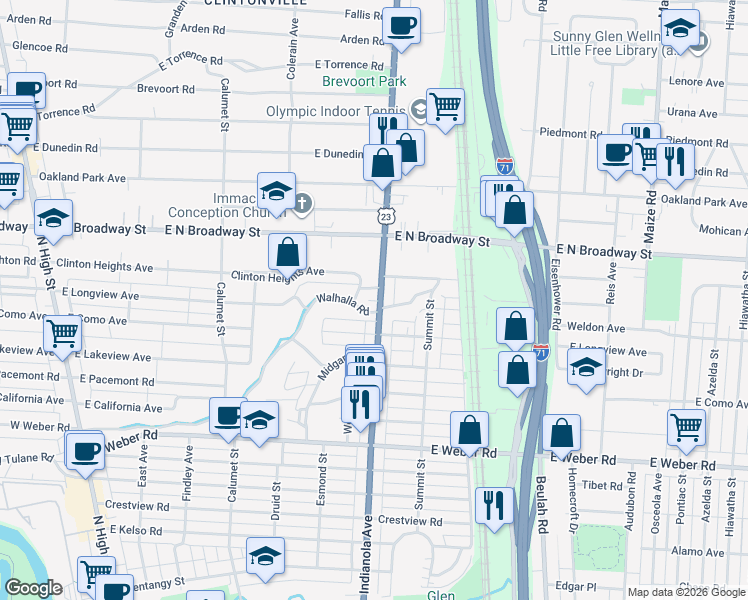 map of restaurants, bars, coffee shops, grocery stores, and more near 3200 Indianola Avenue in Columbus