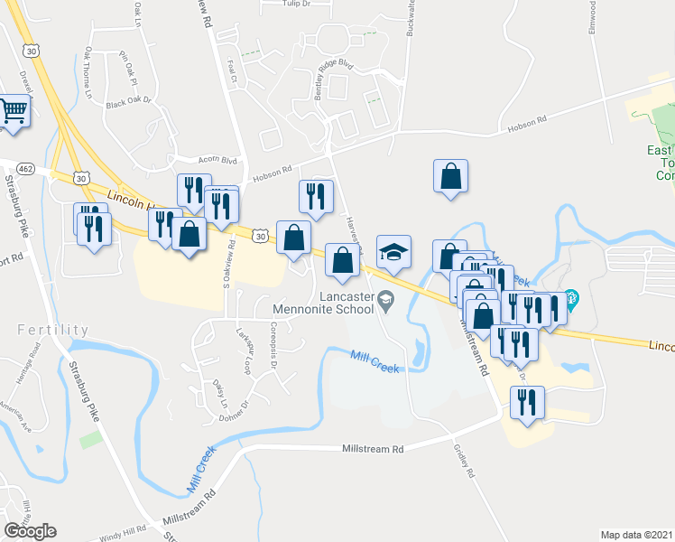 map of restaurants, bars, coffee shops, grocery stores, and more near 2150 Lincoln Highway East in Lancaster