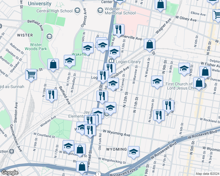 map of restaurants, bars, coffee shops, grocery stores, and more near 1319 West Ruscomb Street in Philadelphia