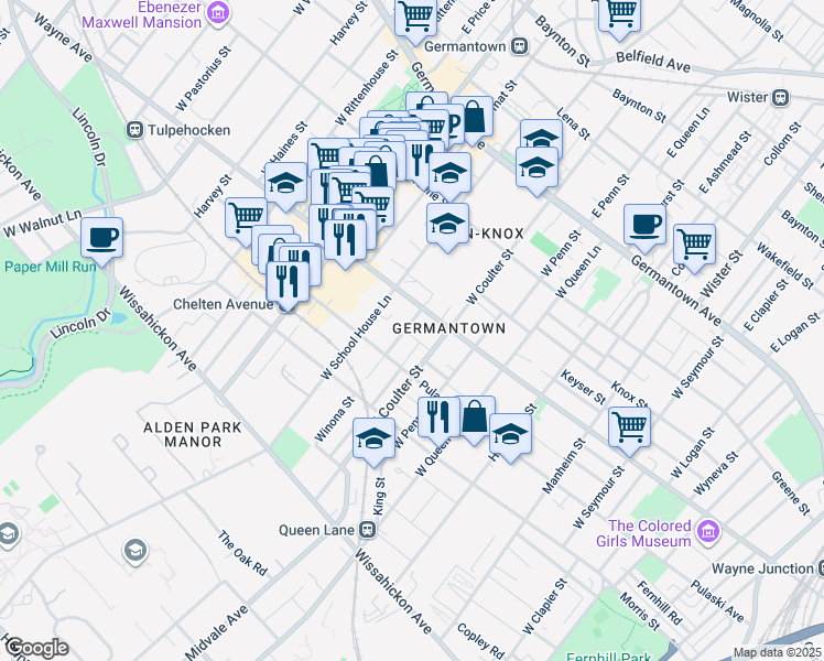 map of restaurants, bars, coffee shops, grocery stores, and more near 5411 Tacoma Street in Philadelphia