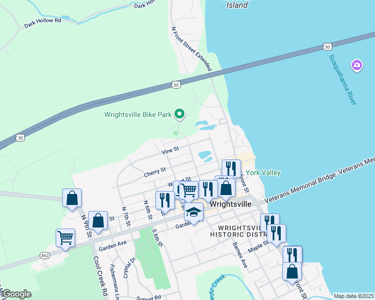 map of restaurants, bars, coffee shops, grocery stores, and more near 453 North 3rd Street in Wrightsville