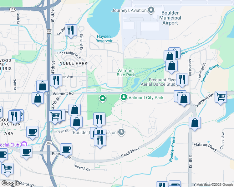 map of restaurants, bars, coffee shops, grocery stores, and more near 5083 Valmont Road in Boulder
