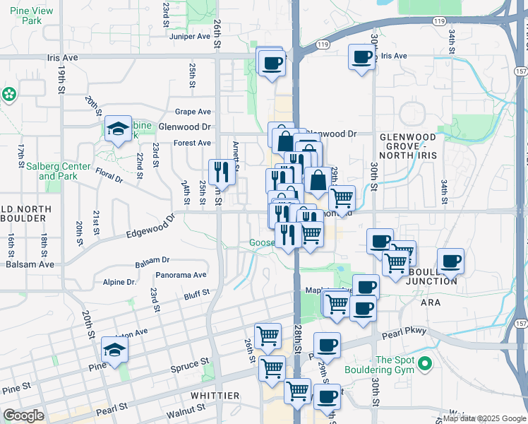 map of restaurants, bars, coffee shops, grocery stores, and more near 2700 Valmont Road in Boulder