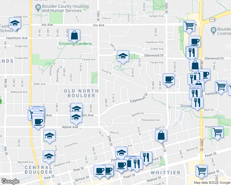 map of restaurants, bars, coffee shops, grocery stores, and more near 2219 Nicholl Street East in Boulder