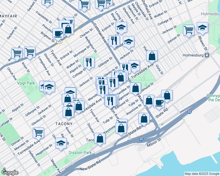 map of restaurants, bars, coffee shops, grocery stores, and more near 7150 Torresdale Avenue in Philadelphia