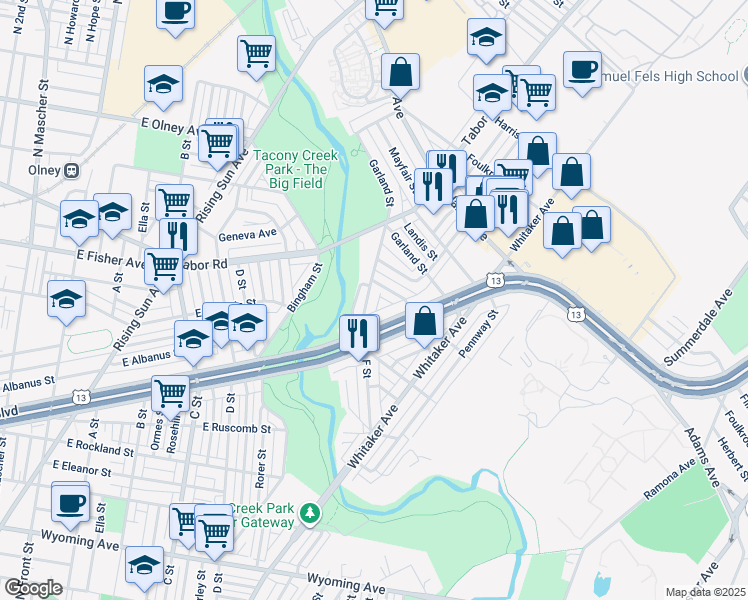 map of restaurants, bars, coffee shops, grocery stores, and more near 5107 F Street in Philadelphia