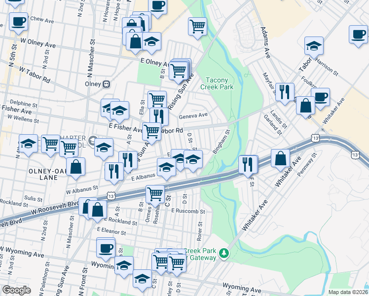 map of restaurants, bars, coffee shops, grocery stores, and more near 5200 D Street in Philadelphia