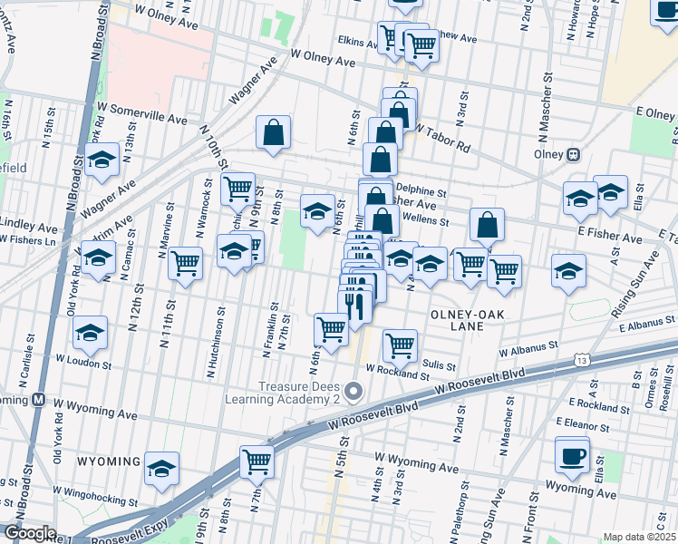map of restaurants, bars, coffee shops, grocery stores, and more near 541 Lindley Avenue in Philadelphia