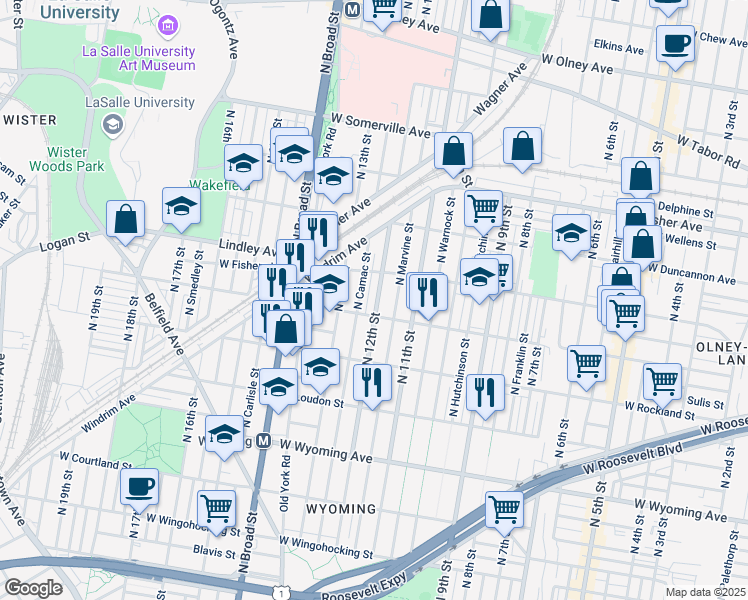 map of restaurants, bars, coffee shops, grocery stores, and more near 5010 North Marvine Street in Philadelphia