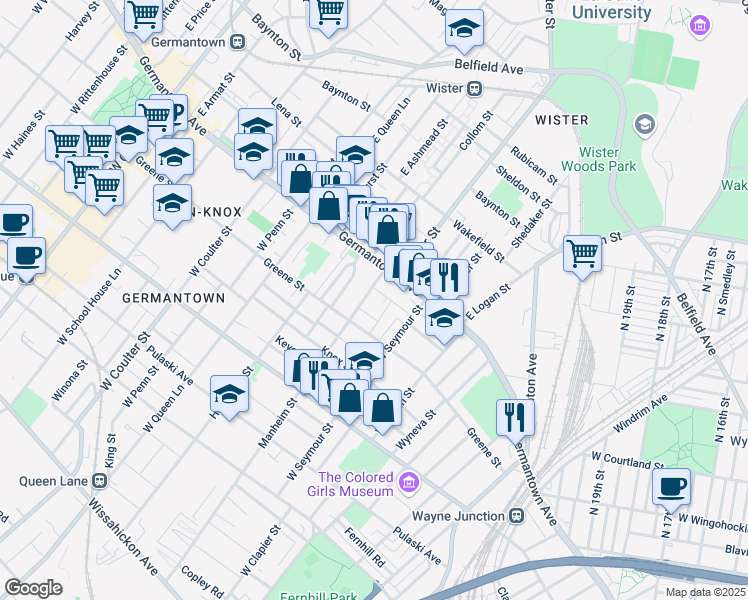 map of restaurants, bars, coffee shops, grocery stores, and more near 58 Manheim Street in Philadelphia