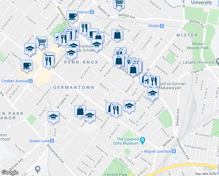 map of restaurants, bars, coffee shops, grocery stores, and more near 117 Hansberry Street in Philadelphia