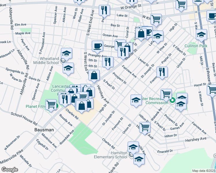 map of restaurants, bars, coffee shops, grocery stores, and more near 39 Hershey Avenue in Lancaster