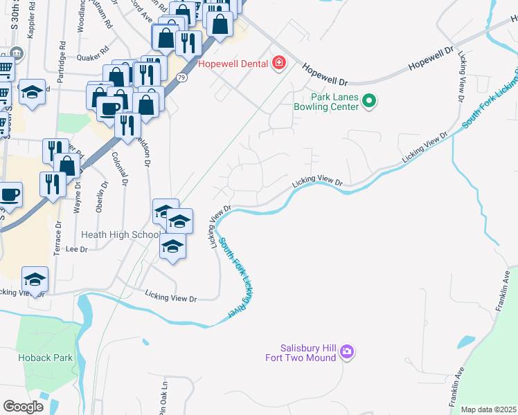 map of restaurants, bars, coffee shops, grocery stores, and more near 100 Glenwood Drive in Heath