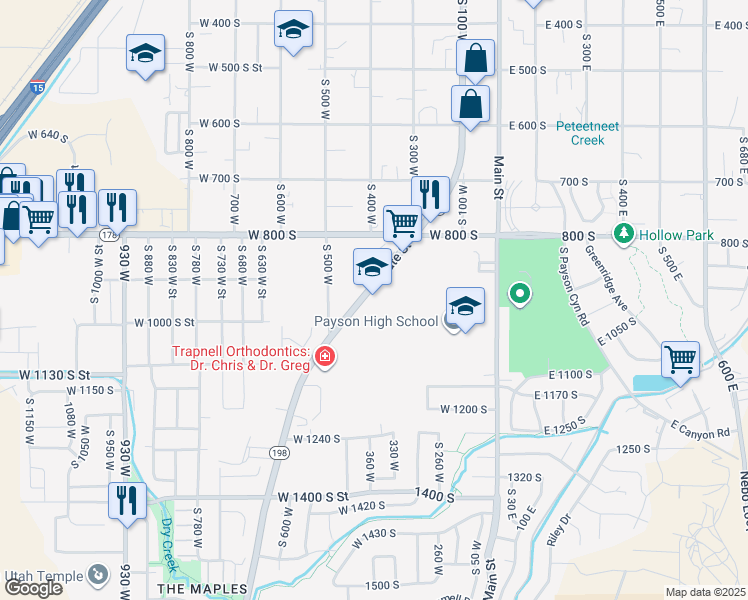 map of restaurants, bars, coffee shops, grocery stores, and more near 1025 Utah 198 in Payson