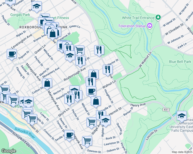 map of restaurants, bars, coffee shops, grocery stores, and more near 4205 Houghton Street in Philadelphia