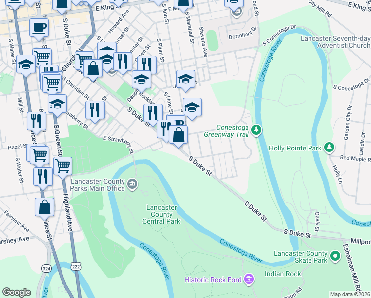 map of restaurants, bars, coffee shops, grocery stores, and more near 638 South Ann Street in Lancaster
