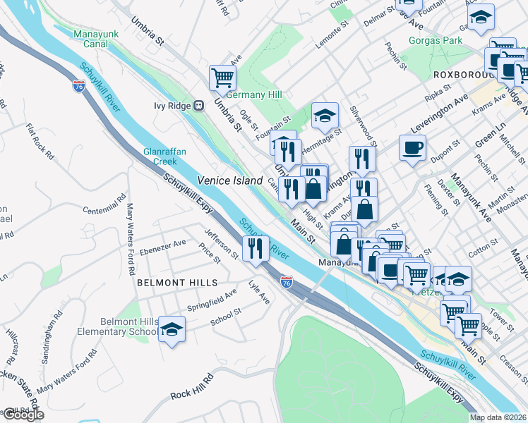 map of restaurants, bars, coffee shops, grocery stores, and more near 59R Leverington Avenue in Philadelphia