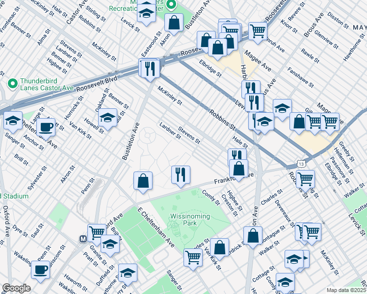 map of restaurants, bars, coffee shops, grocery stores, and more near 2732R Lardner Street in Philadelphia