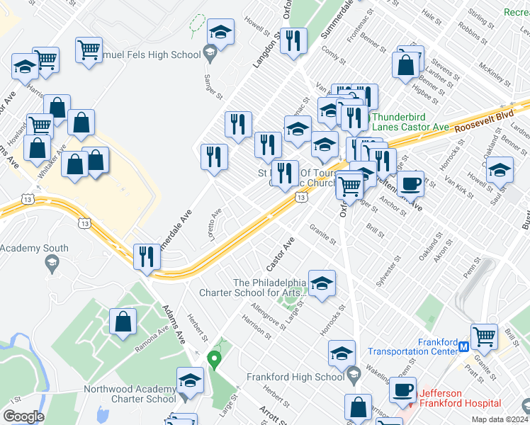 map of restaurants, bars, coffee shops, grocery stores, and more near 5230 East Roosevelt Boulevard in Philadelphia
