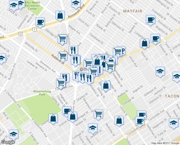map of restaurants, bars, coffee shops, grocery stores, and more near 3113 Barnett Street in Philadelphia