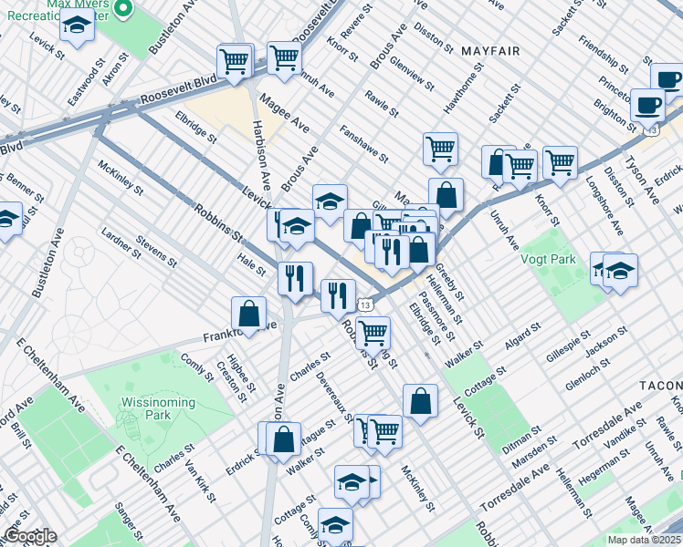 map of restaurants, bars, coffee shops, grocery stores, and more near 3113 Barnett Street in Philadelphia