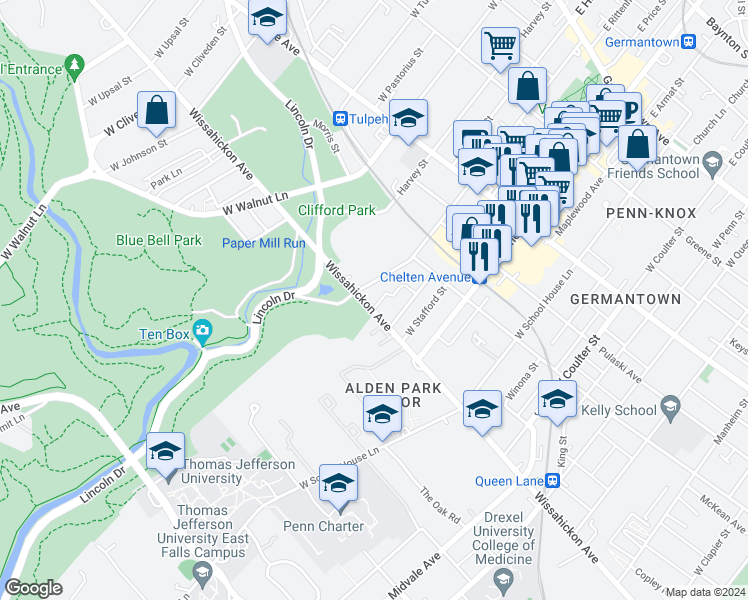 map of restaurants, bars, coffee shops, grocery stores, and more near 5835 Wissahickon Avenue in Philadelphia