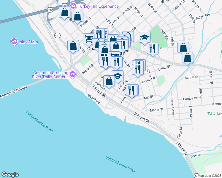 map of restaurants, bars, coffee shops, grocery stores, and more near 125 Bank Avenue in Columbia