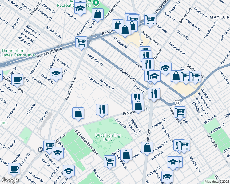 map of restaurants, bars, coffee shops, grocery stores, and more near 2804 Stevens Street in Philadelphia
