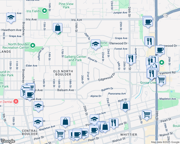 map of restaurants, bars, coffee shops, grocery stores, and more near 2219 Nicholl Street East in Boulder