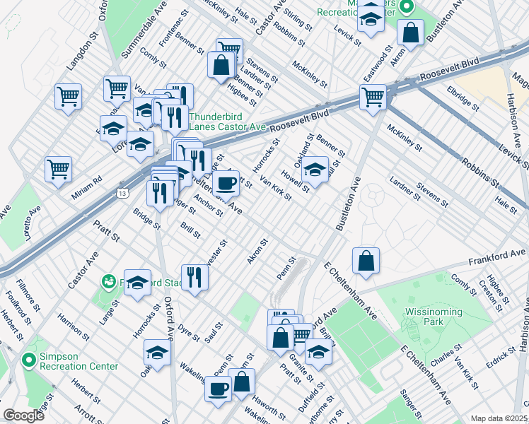 map of restaurants, bars, coffee shops, grocery stores, and more near 5818 Oakland Street in Philadelphia