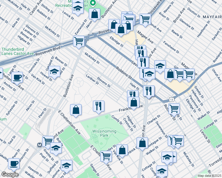 map of restaurants, bars, coffee shops, grocery stores, and more near 2804 Stevens Street in Philadelphia