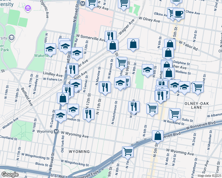 map of restaurants, bars, coffee shops, grocery stores, and more near 5032 North 10th Street in Philadelphia