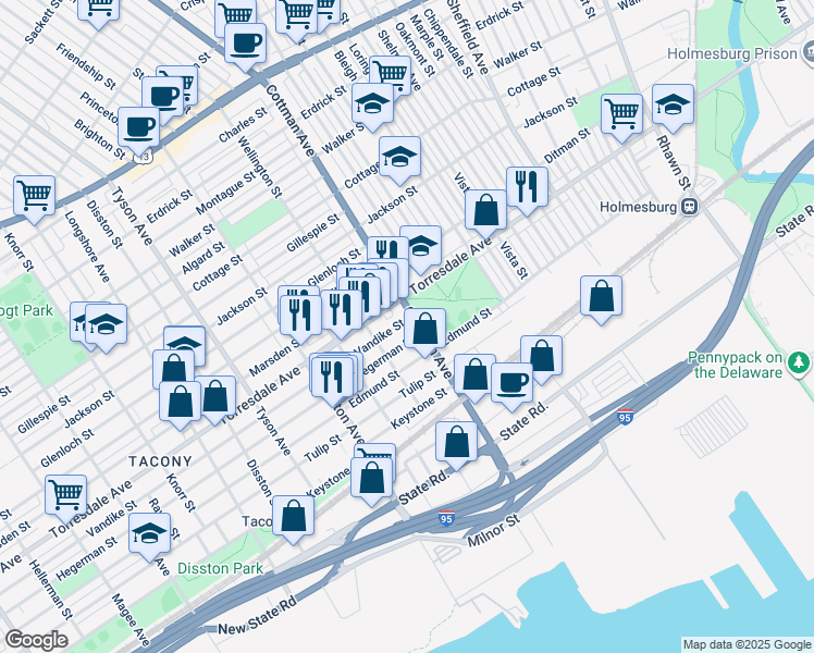 map of restaurants, bars, coffee shops, grocery stores, and more near 7233 Vandike Street in Philadelphia