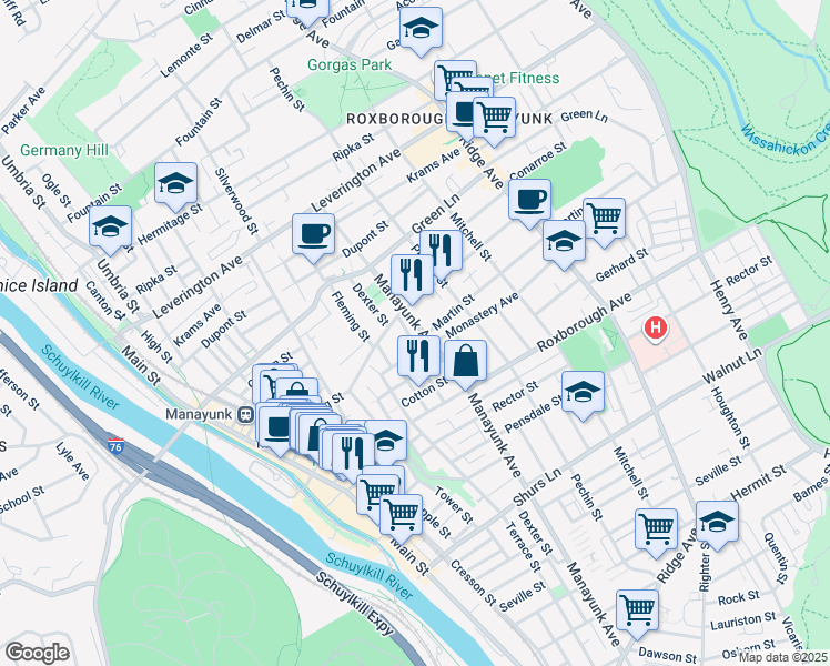 map of restaurants, bars, coffee shops, grocery stores, and more near 4374 Manayunk Avenue in Philadelphia