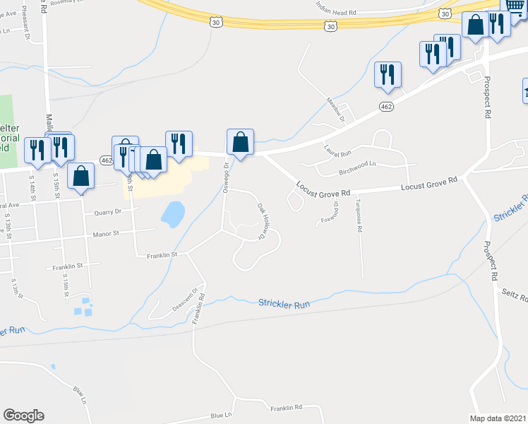 map of restaurants, bars, coffee shops, grocery stores, and more near 2 Oak Hollow Drive in Columbia