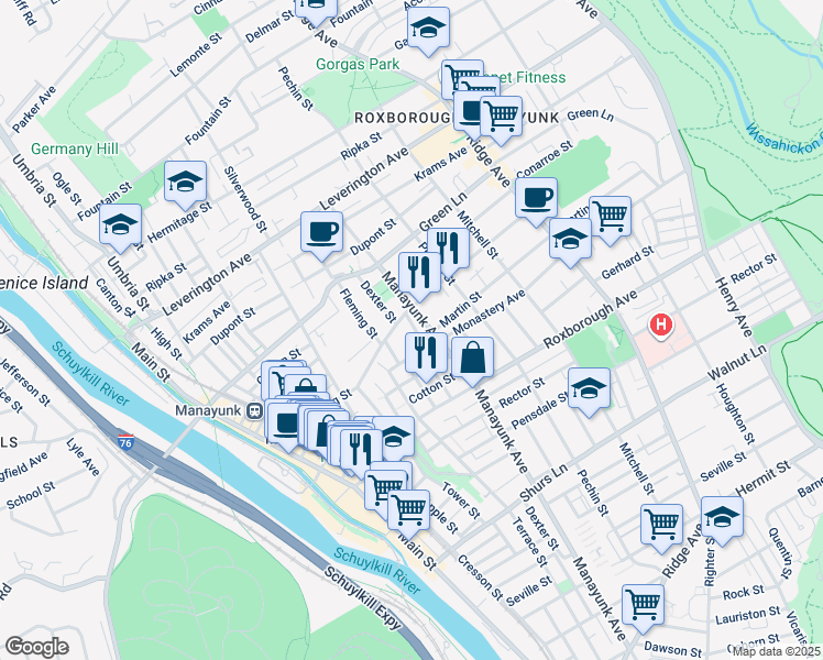 map of restaurants, bars, coffee shops, grocery stores, and more near 4384 Dexter Street in Philadelphia