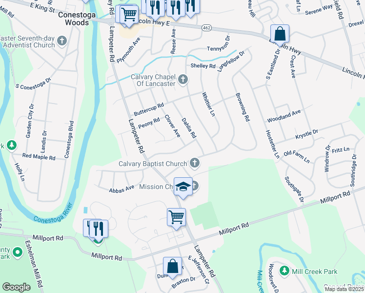 map of restaurants, bars, coffee shops, grocery stores, and more near 1624 Magnolia Drive in Lancaster