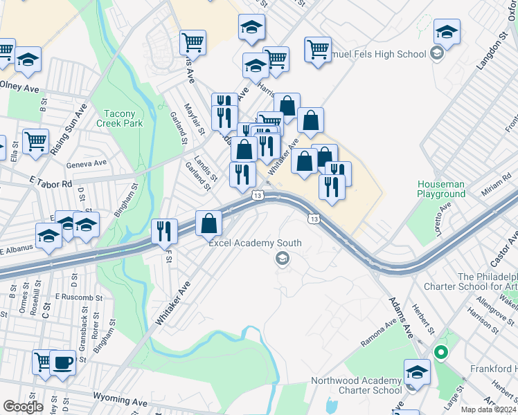 map of restaurants, bars, coffee shops, grocery stores, and more near 4305 East Roosevelt Boulevard in Philadelphia