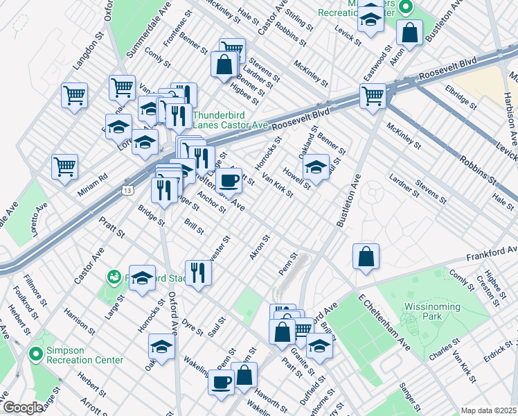 map of restaurants, bars, coffee shops, grocery stores, and more near 5815R Sylvester Street in Philadelphia