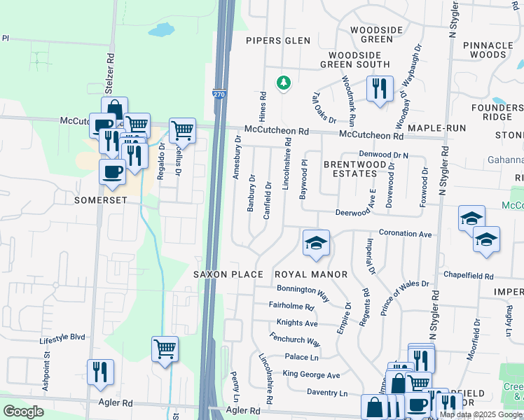 map of restaurants, bars, coffee shops, grocery stores, and more near 381 Canfield Drive in Gahanna