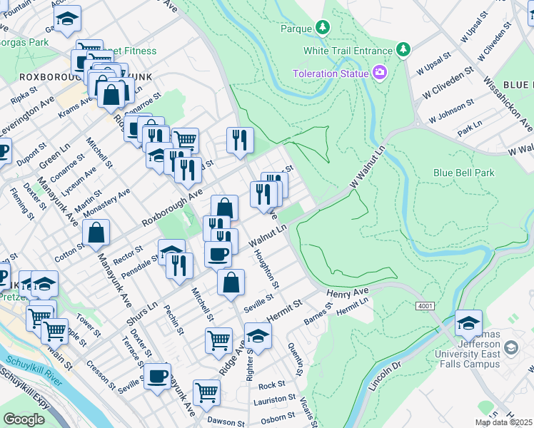 map of restaurants, bars, coffee shops, grocery stores, and more near 569 Jamestown Avenue in Philadelphia