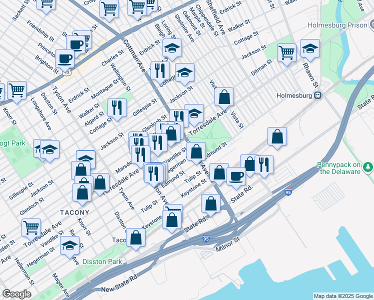 map of restaurants, bars, coffee shops, grocery stores, and more near 7233 Vandike Street in Philadelphia